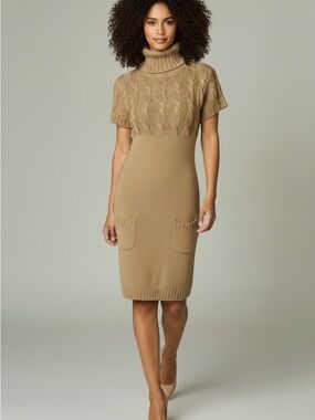 Rabbit Rabbit Rabbit Camel Cable-Knit Turtleneck Midi Dress